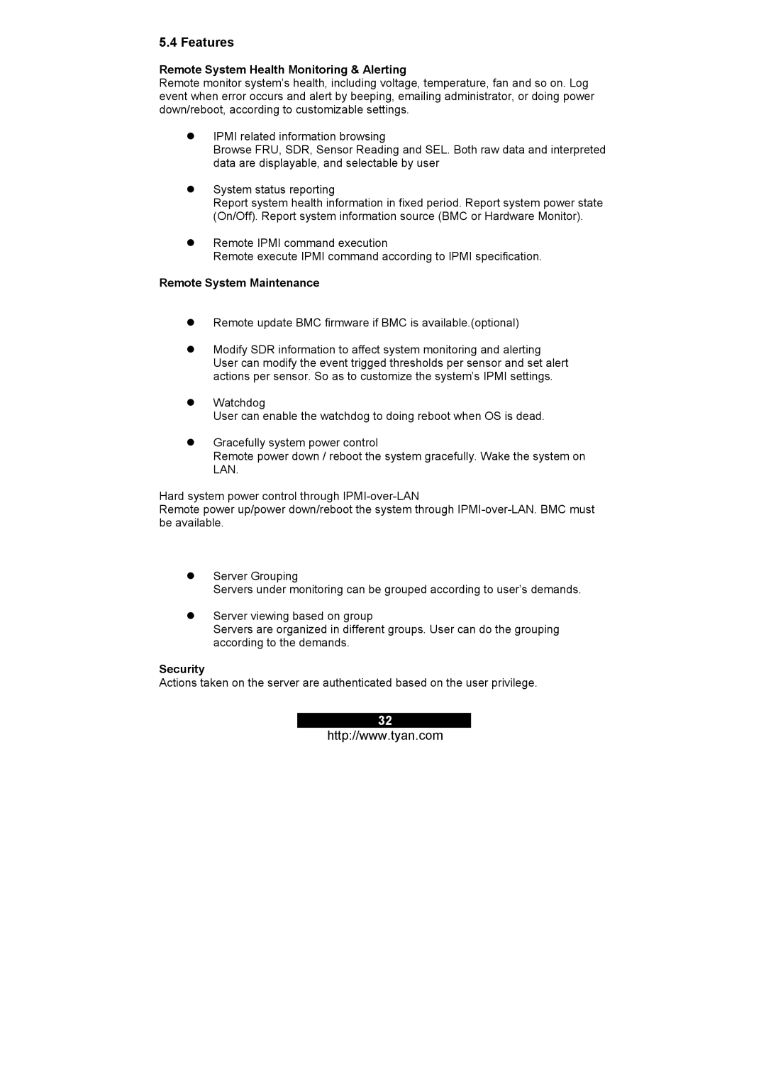 Tyan Computer M3295, M3291 Features, Remote System Health Monitoring & Alerting, Remote System Maintenance, Security 