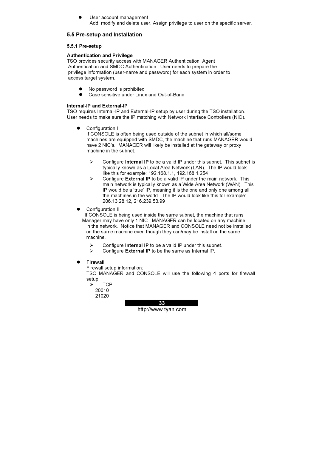 Tyan Computer M3291, M3295 Pre-setup and Installation, Pre-setup Authentication and Privilege, Internal-IP and External-IP 