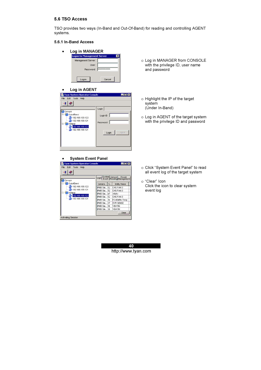 Tyan Computer M3295, M3291 warranty TSO Access, In-Band Access Log in Manager, Log in Agent, System Event Panel 