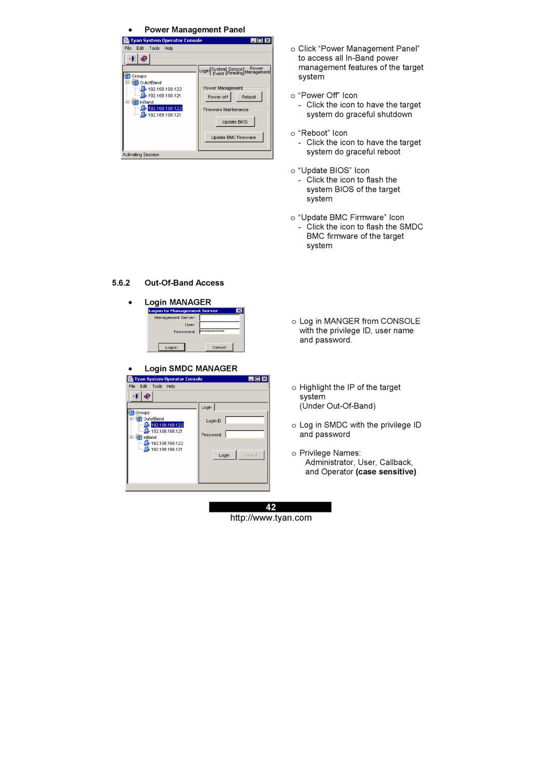 Tyan Computer M3295, M3291 warranty Power Management Panel, Out-Of-Band Access Login Manager, Login Smdc Manager 