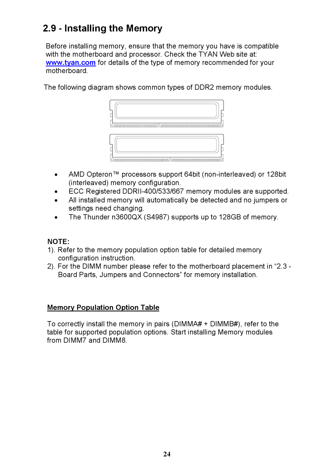 Tyan Computer N3600QX warranty Installing the Memory, Memory Population Option Table 