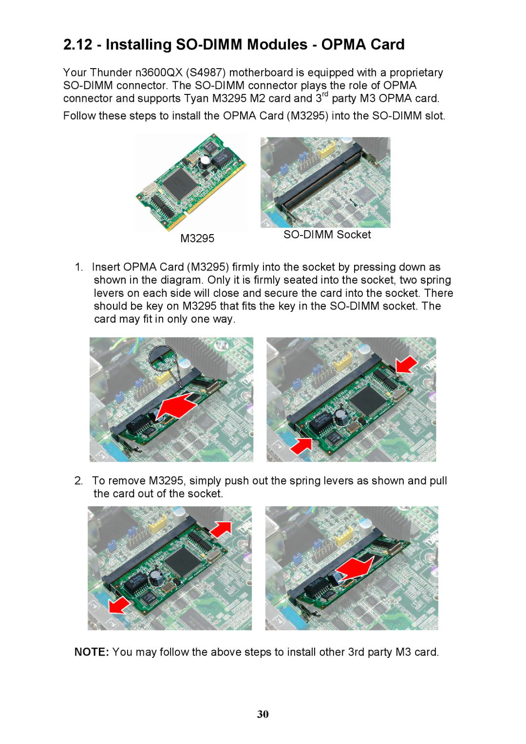 Tyan Computer N3600QX warranty Installing SO-DIMM Modules Opma Card 