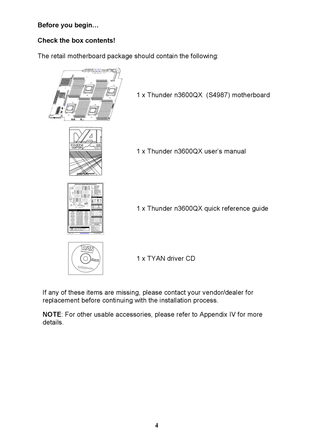 Tyan Computer N3600QX warranty Before you begin… Check the box contents 