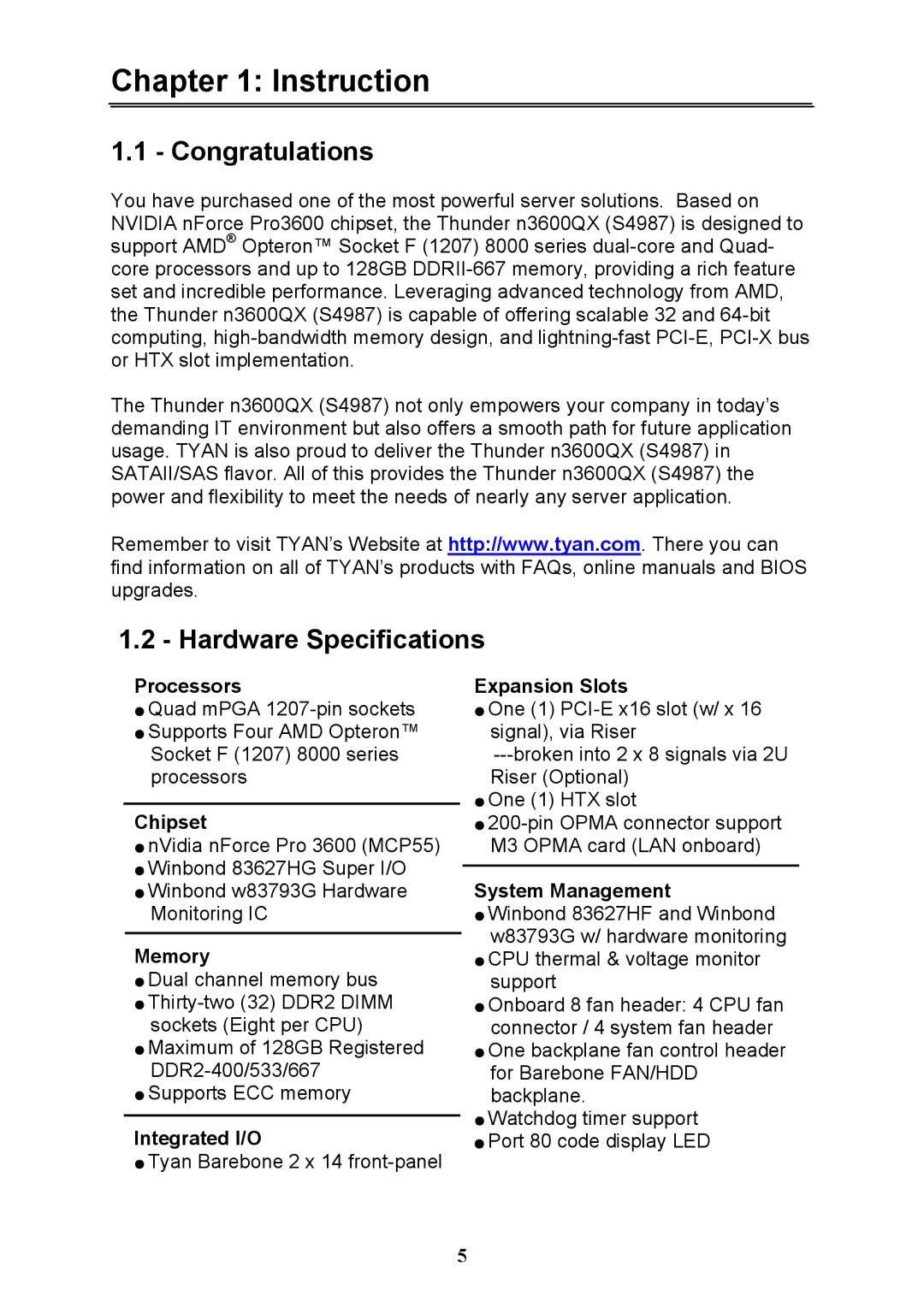 Tyan Computer N3600QX warranty Instruction, Congratulations, Hardware Specifications 