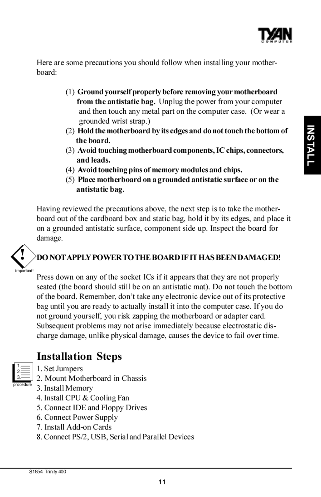 Tyan Computer S1854 manual Installation Steps, Do Notapplypowertothe Board Ifithas Been Damaged 