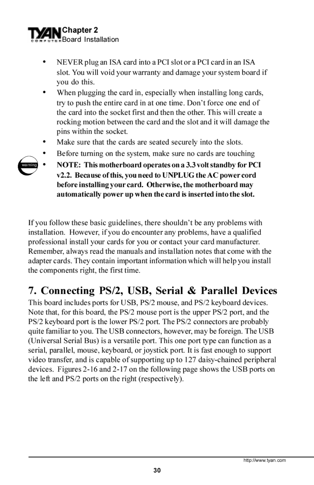 Tyan Computer S1854 manual Connecting PS/2, USB, Serial & Parallel Devices 