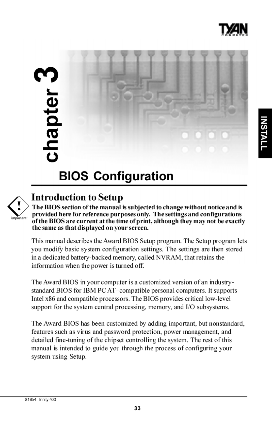 Tyan Computer S1854 manual Introduction to Setup, Same as that displayed on your screen 