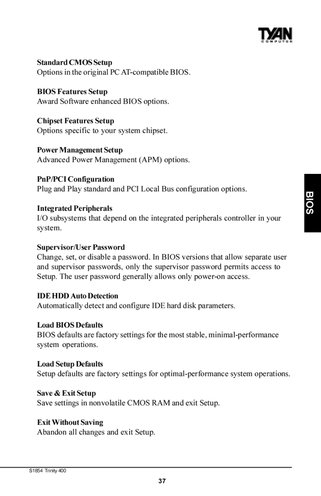 Tyan Computer S1854 manual Standard Cmos Setup, Bios Features Setup, Chipset Features Setup, Power Management Setup 