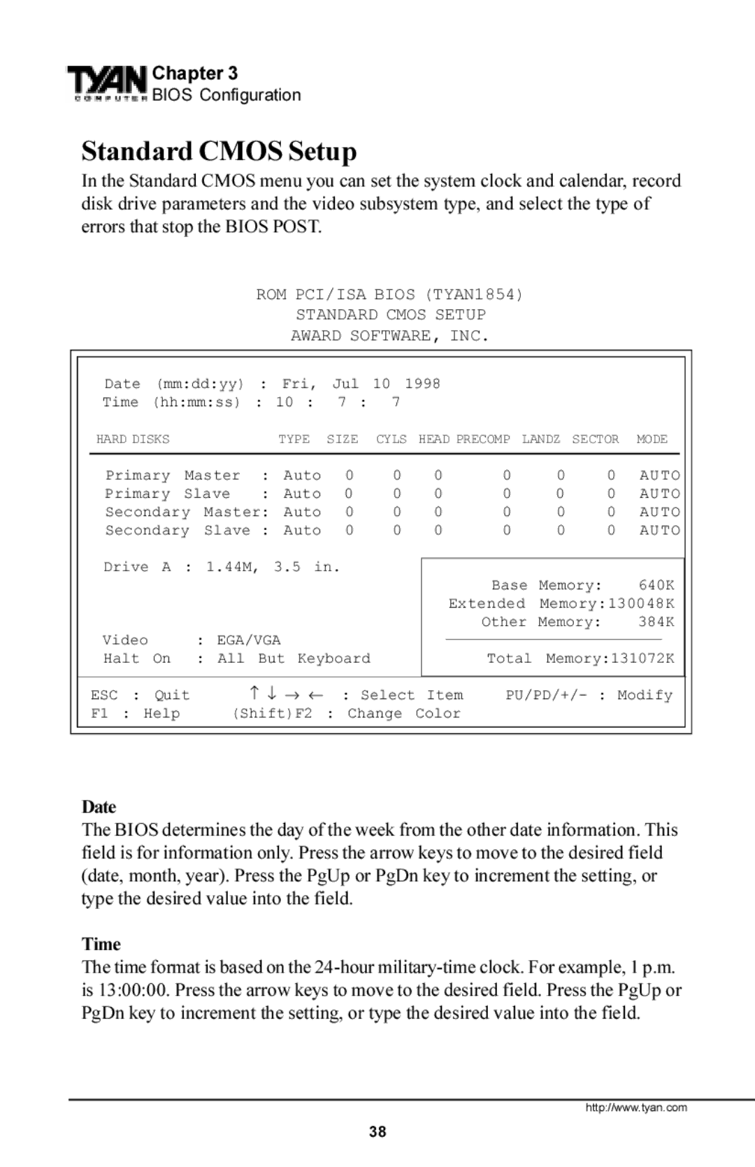 Tyan Computer S1854 manual Standard Cmos Setup, Date, Time 