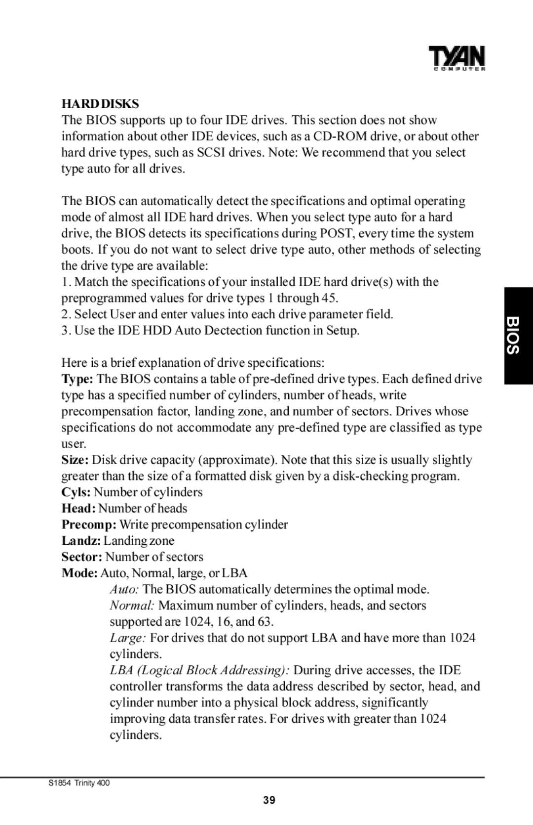 Tyan Computer S1854 manual Hard Disks 