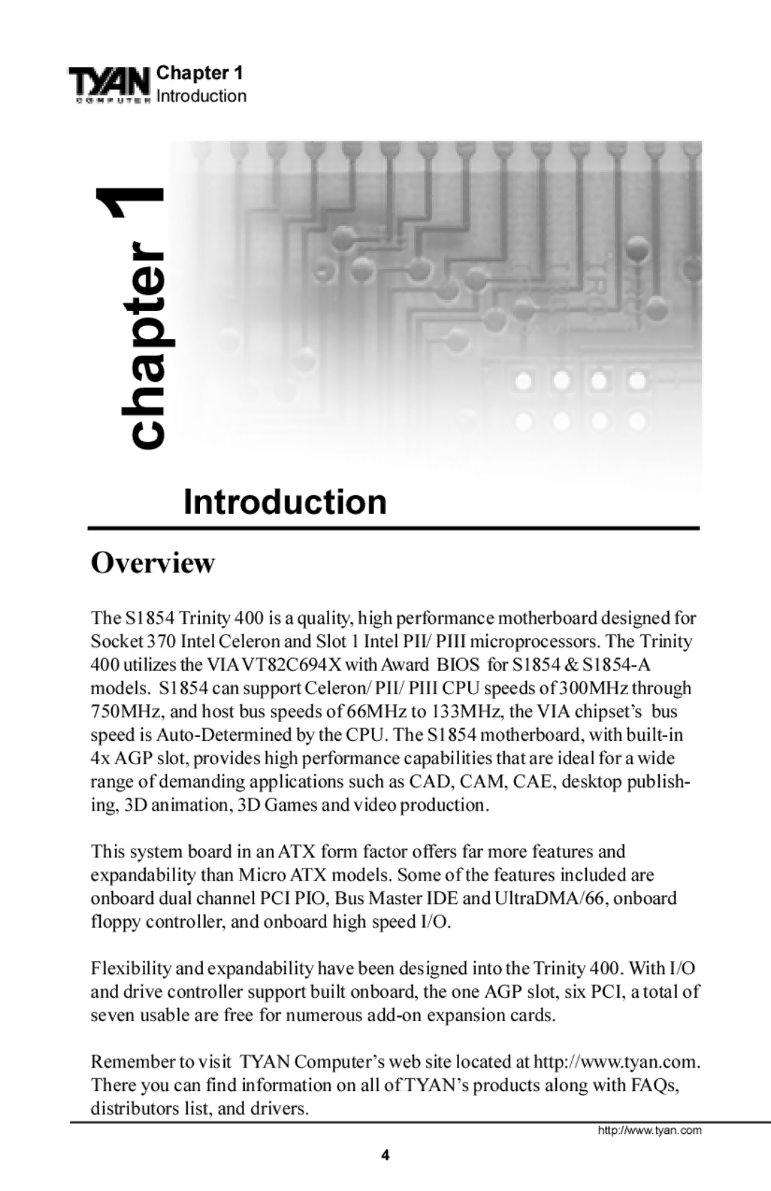 Tyan Computer S1854 manual Overview, Chapter 