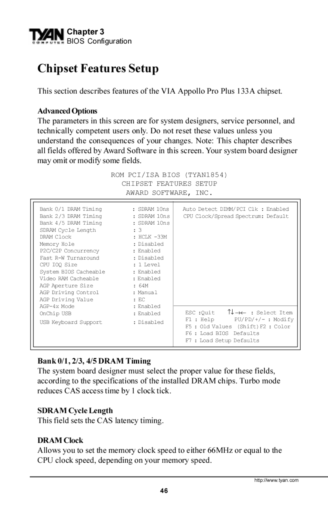 Tyan Computer S1854 manual Chipset Features Setup, Advanced Options, Bank 0/1, 2/3, 4/5 Dram Timing, Sdram Cycle Length 