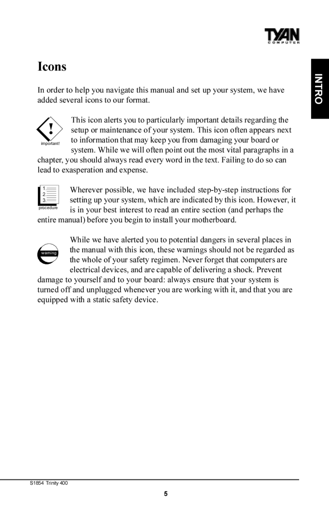 Tyan Computer S1854 manual Icons 