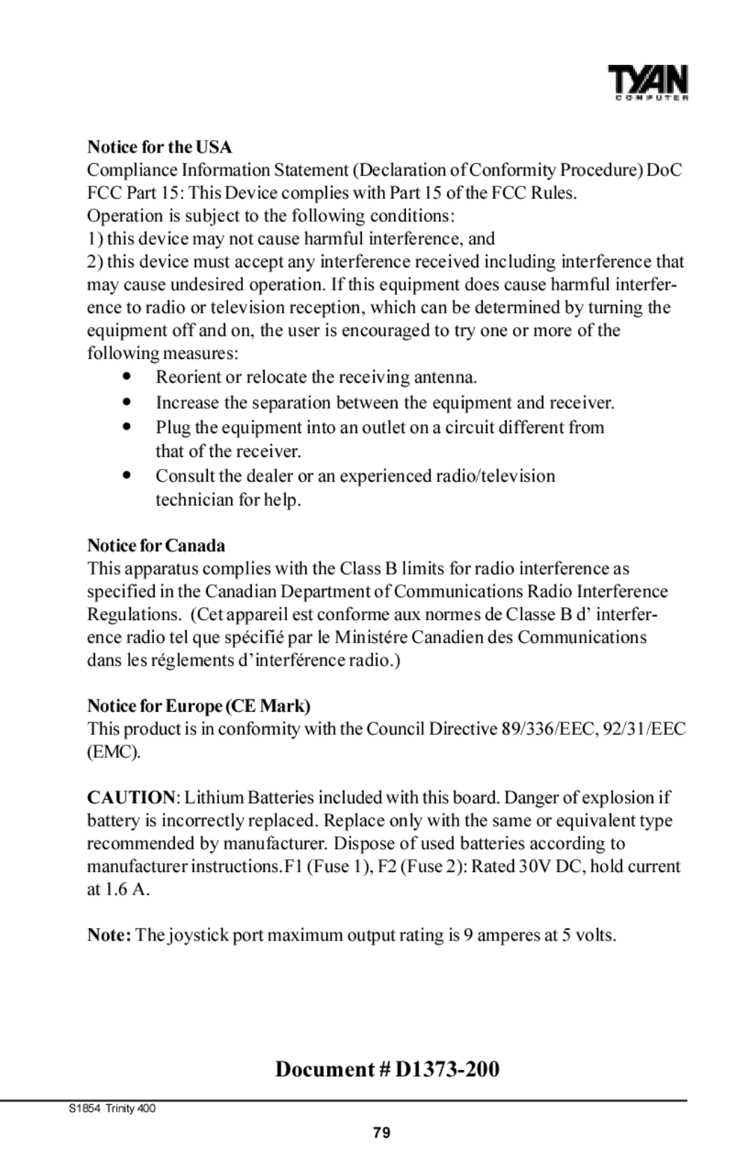 Tyan Computer S1854 manual Document # D1373-200 