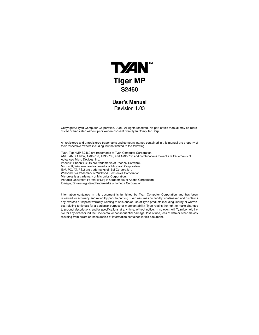 Tyan Computer S2460 user manual Tiger MP, User’s Manual 