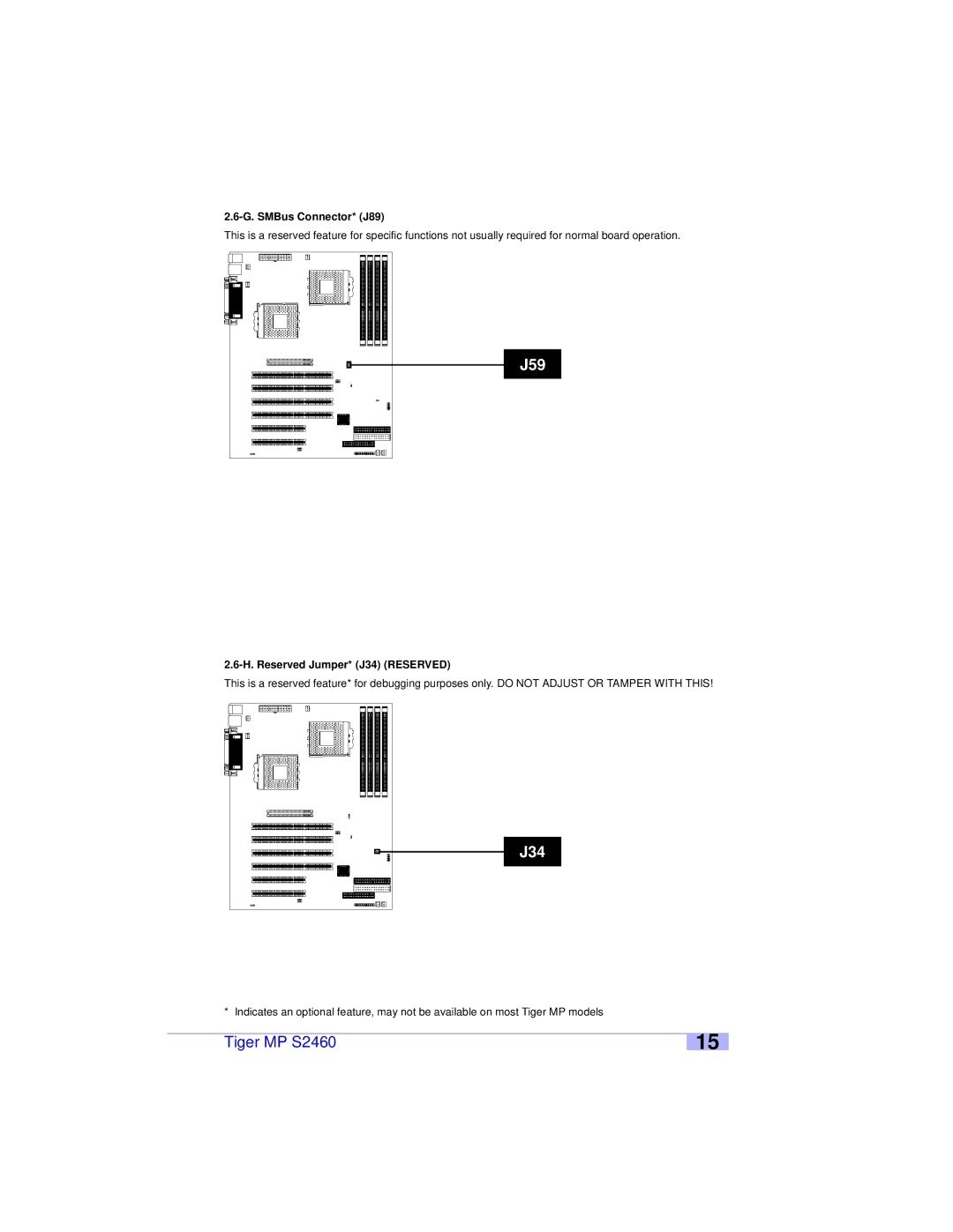 Tyan Computer S2460 user manual G. SMBus Connector* J89, H. Reserved Jumper* J34 Reserved 