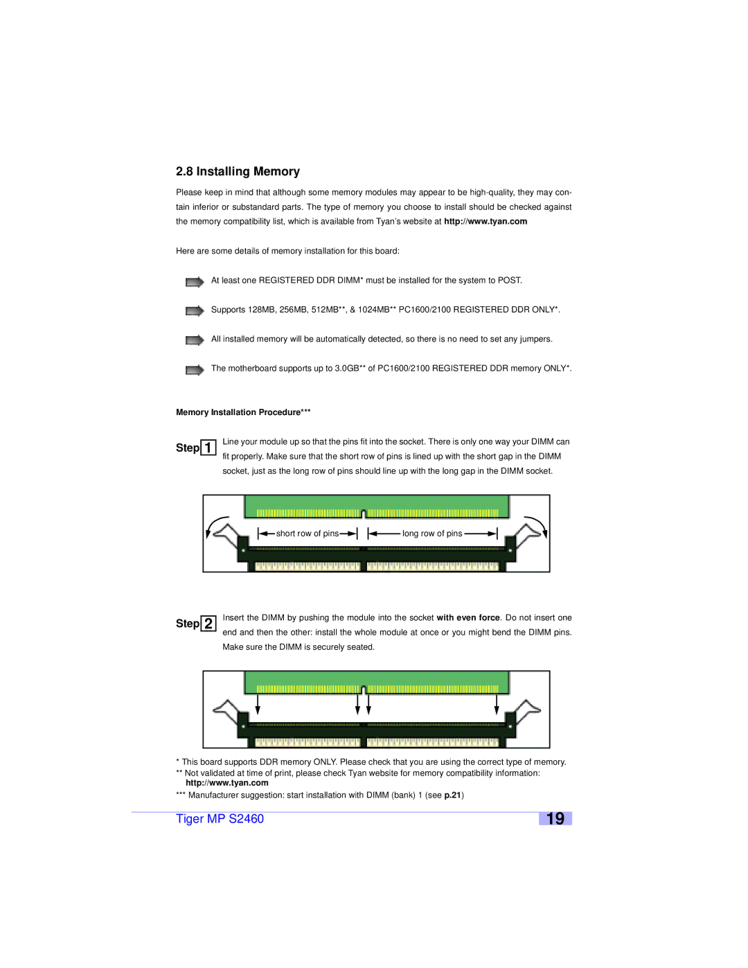 Tyan Computer S2460 user manual Installing Memory, Memory Installation Procedure 