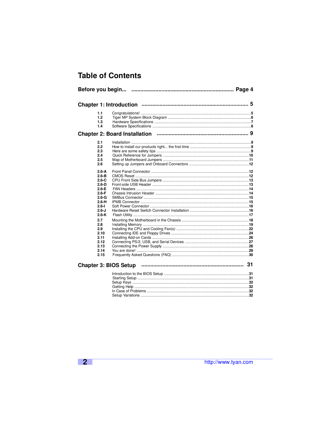 Tyan Computer S2460 user manual Table of Contents 