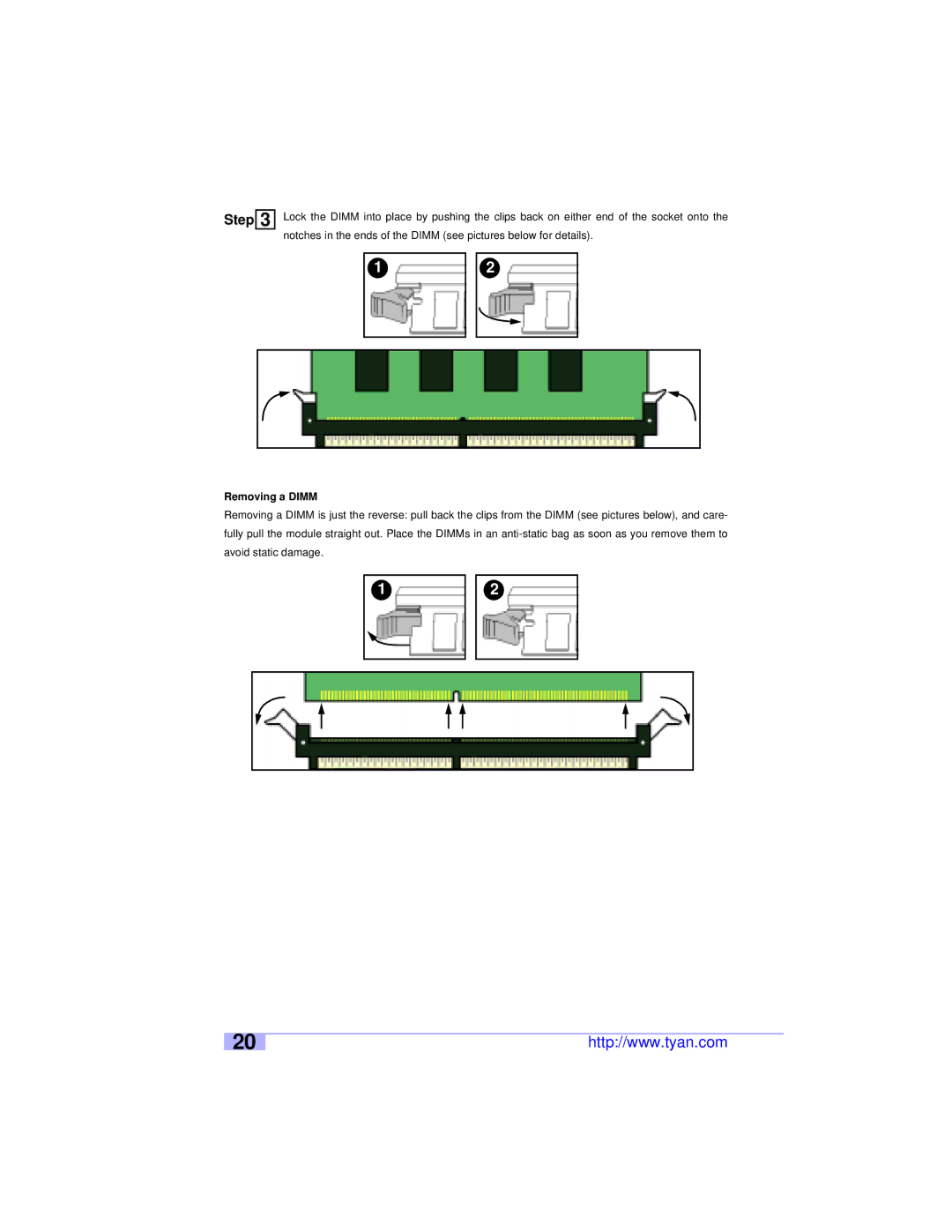 Tyan Computer S2460 user manual Removing a Dimm 