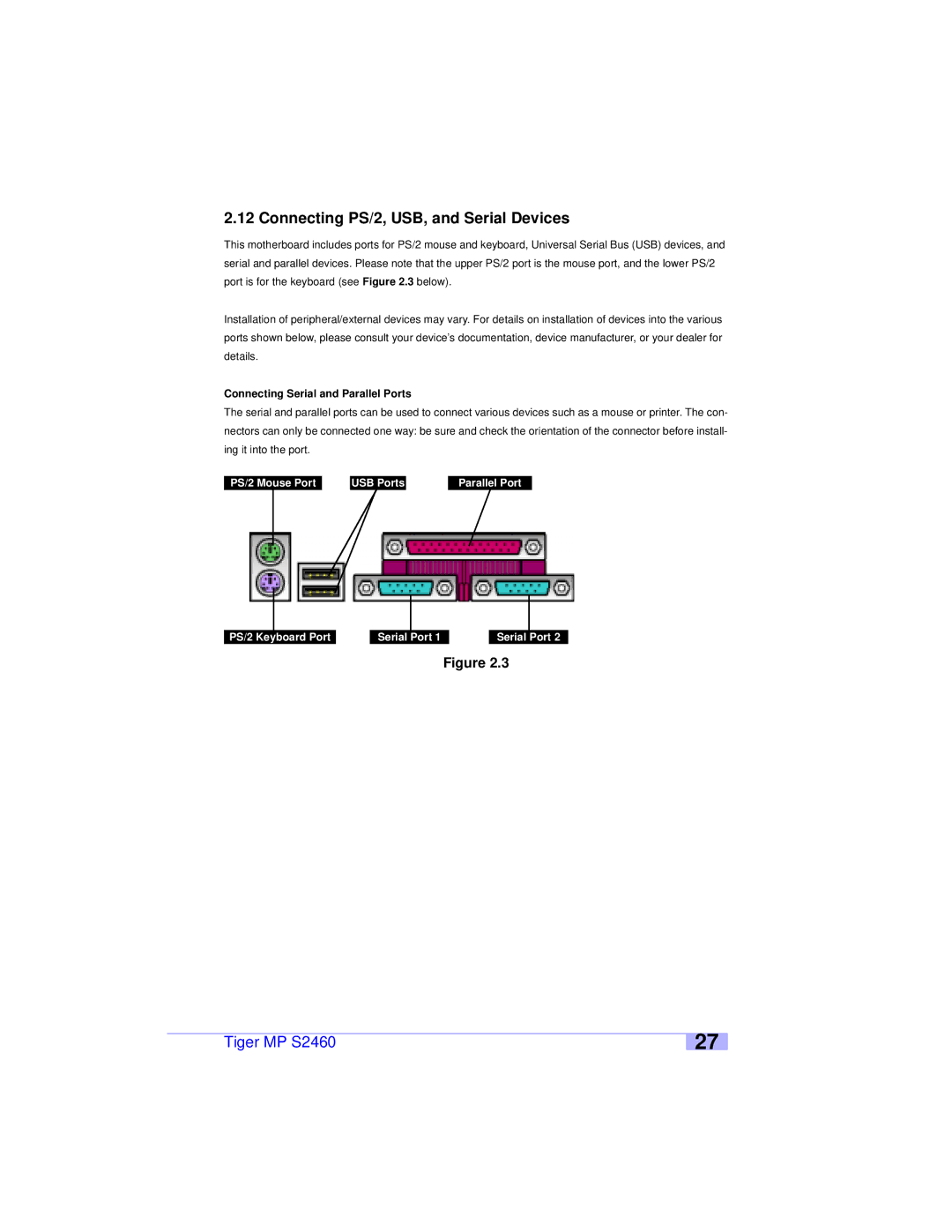 Tyan Computer S2460 user manual Connecting PS/2, USB, and Serial Devices, Connecting Serial and Parallel Ports 