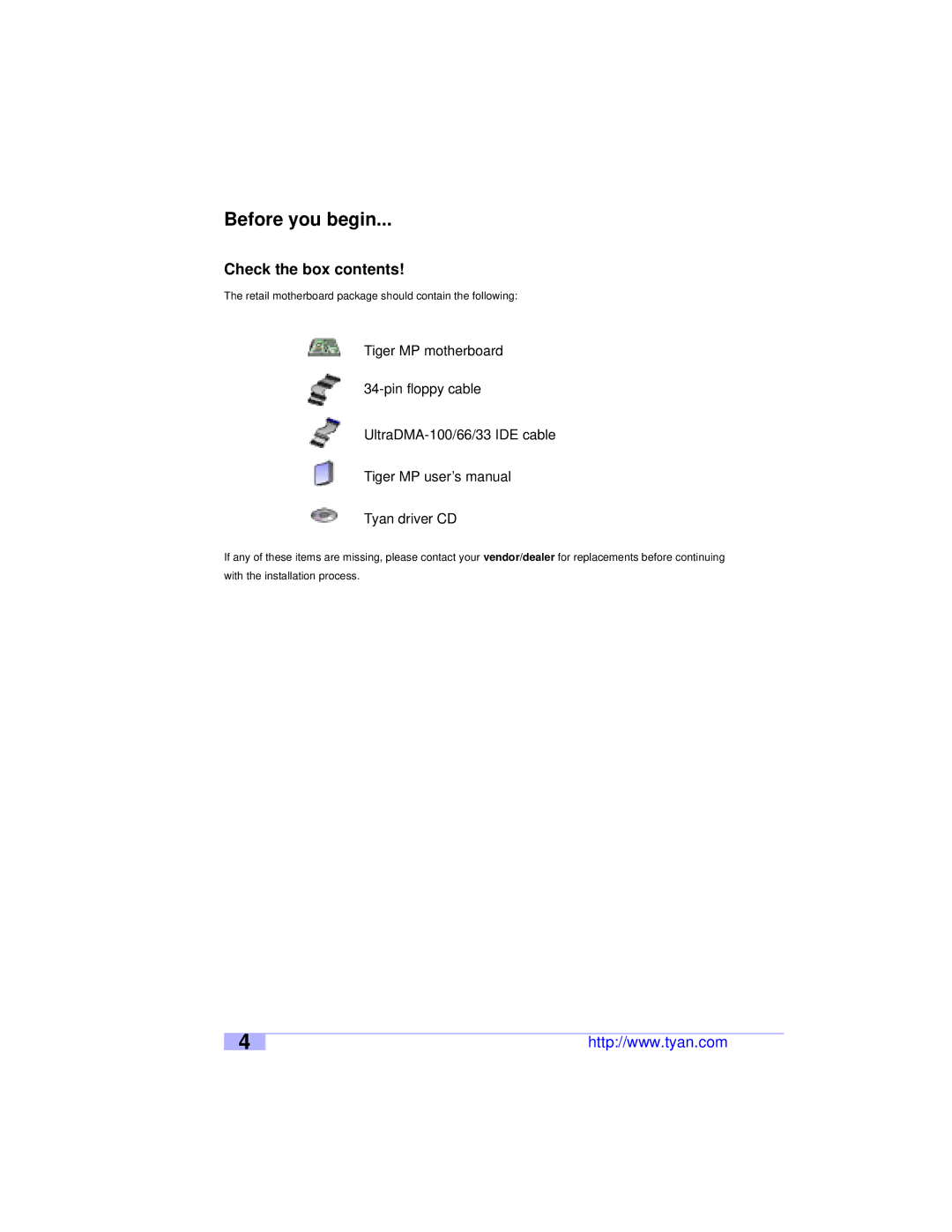 Tyan Computer S2460 user manual Before you begin, Check the box contents 