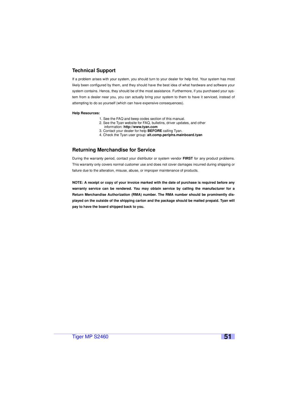 Tyan Computer S2460 user manual Technical Support, Returning Merchandise for Service, Help Resources 