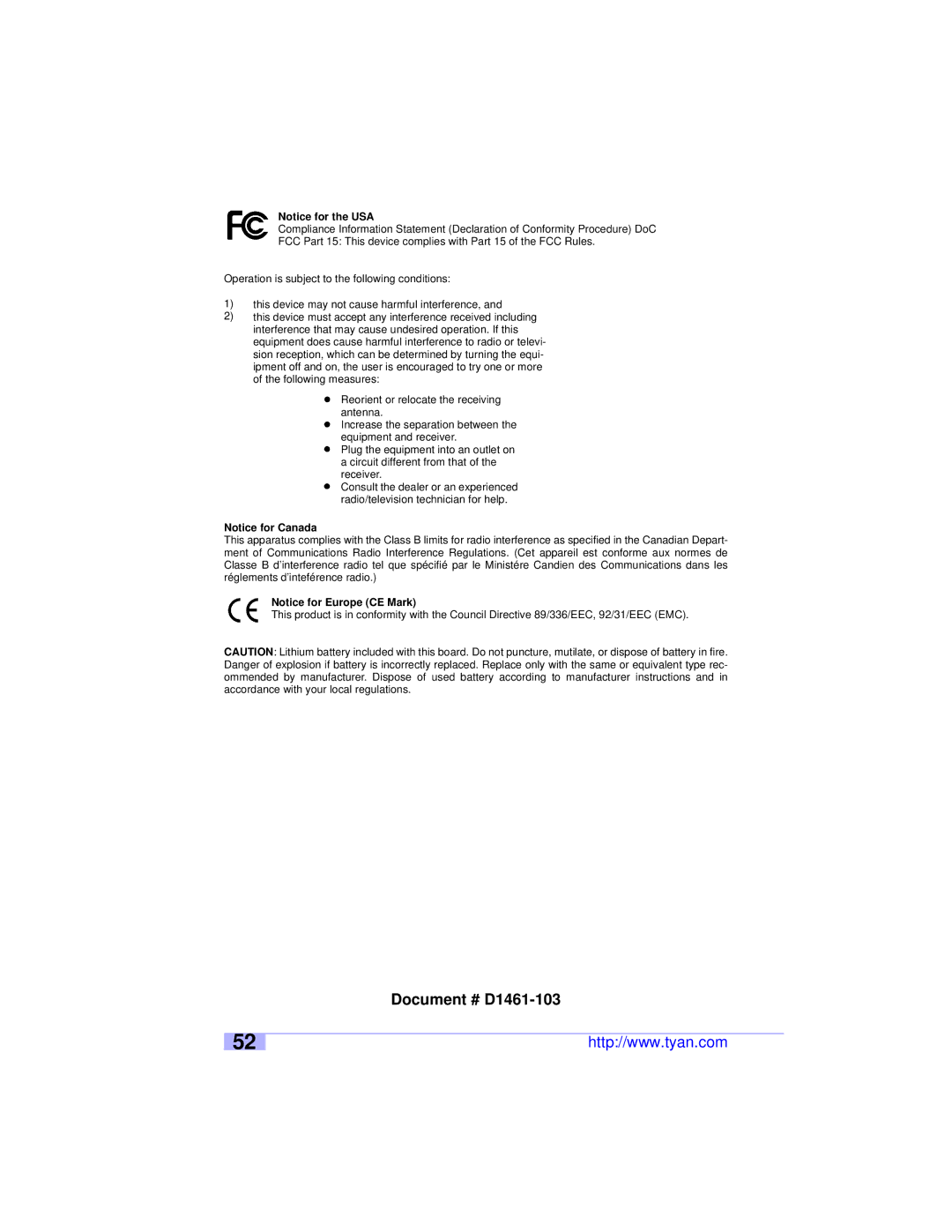 Tyan Computer S2460 user manual Document # D1461-103 