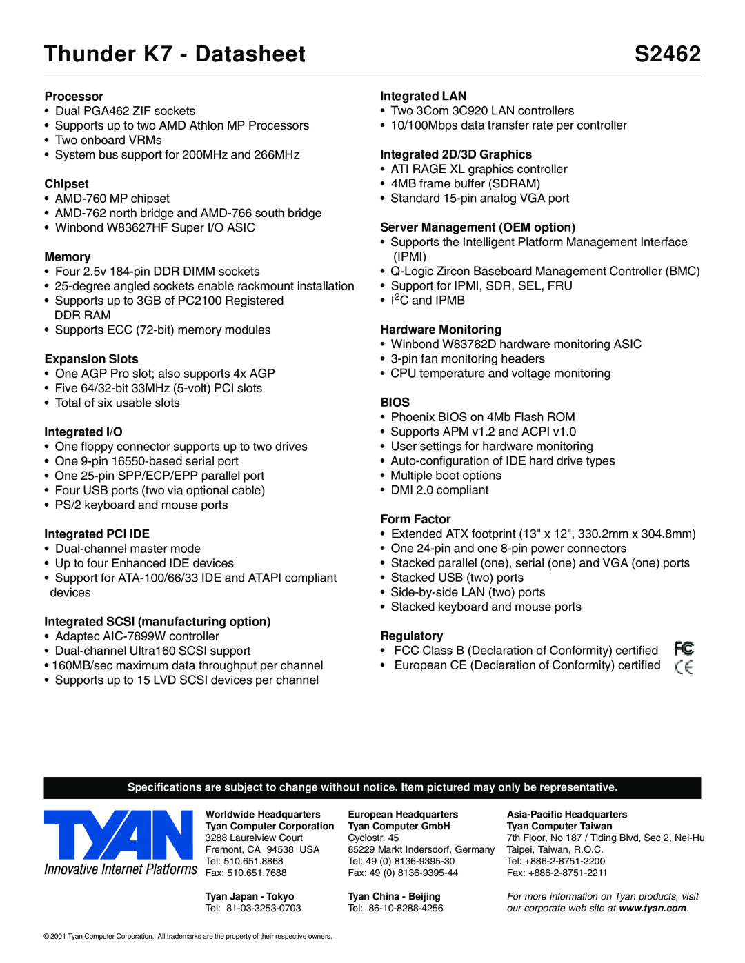 Tyan Computer S2462 manual Thunder K7 - Datasheet 