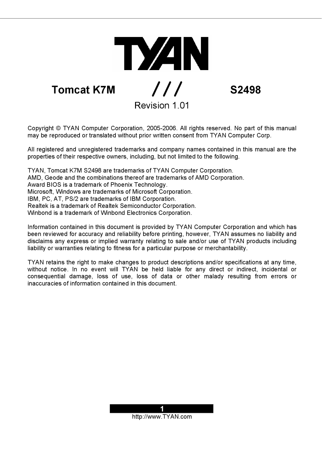 Tyan Computer S2498 manual Tomcat K7M 