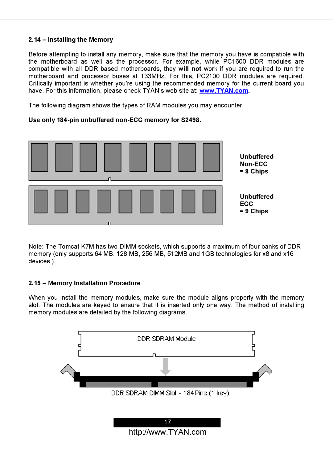 Tyan Computer S2498 manual Installing the Memory, = 9 Chips Memory Installation Procedure 