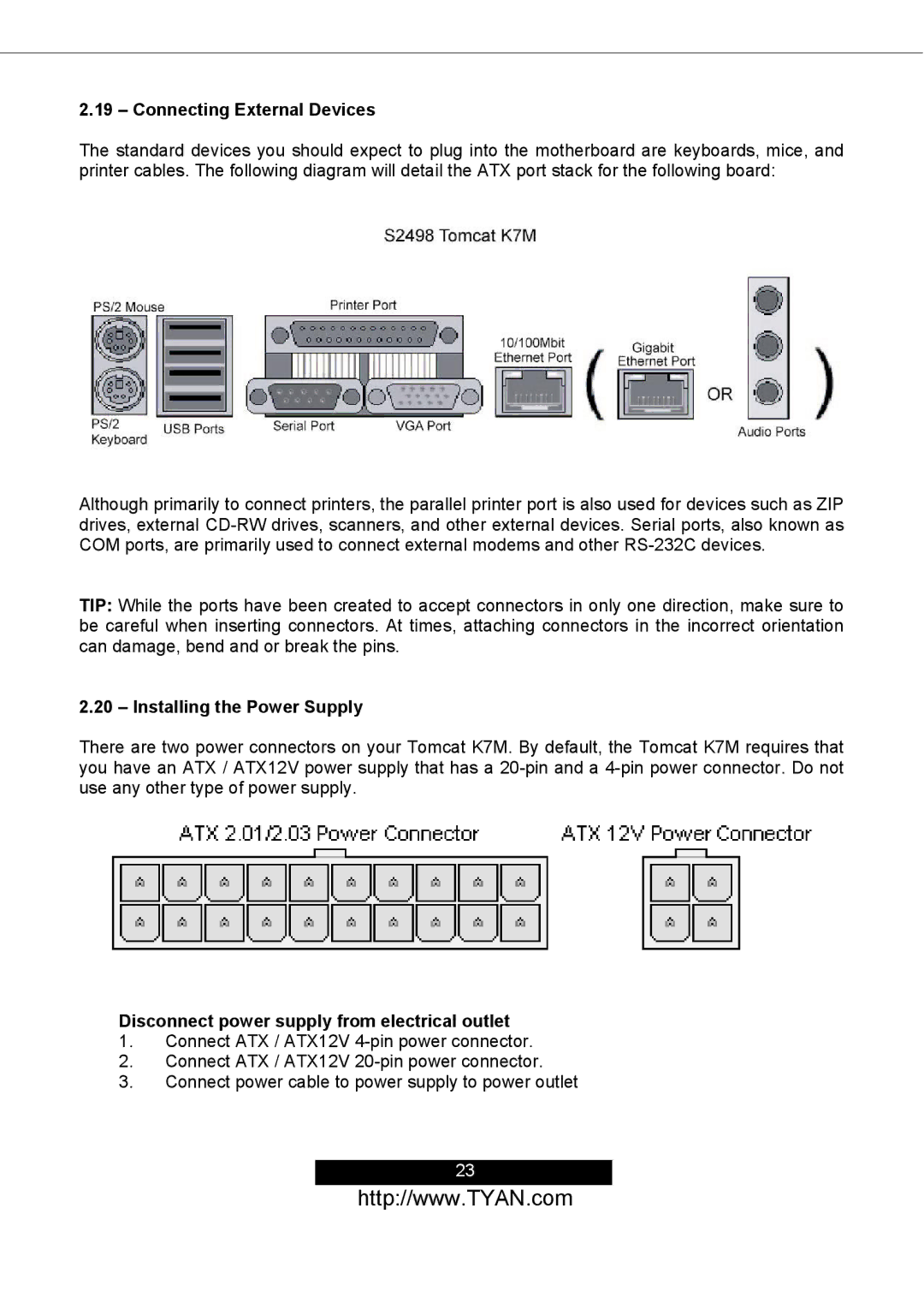 Tyan Computer S2498 manual Connecting External Devices, Installing the Power Supply 