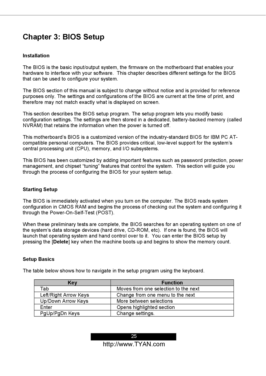 Tyan Computer S2498 manual Bios Setup, Starting Setup, Setup Basics, Key Function 