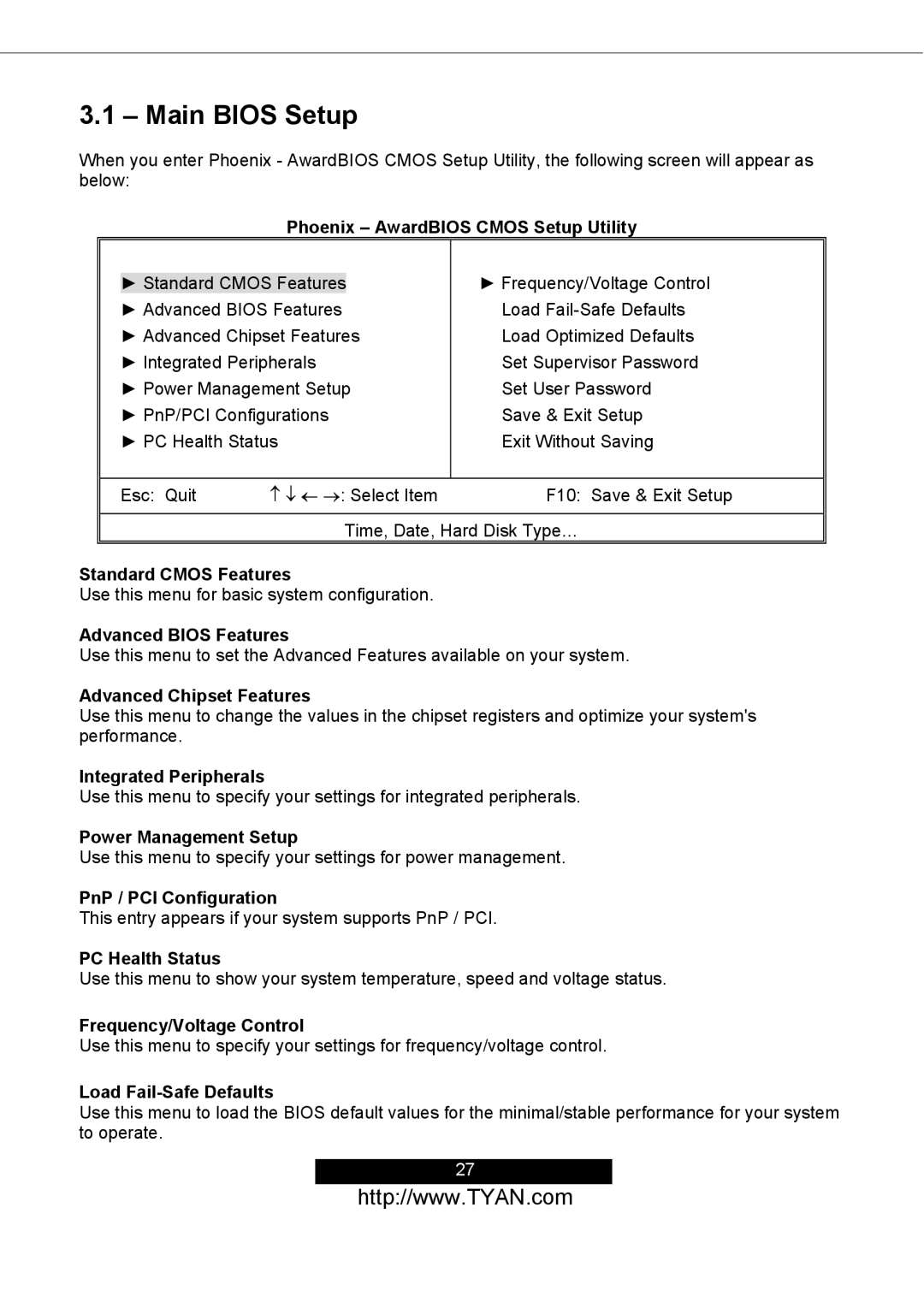 Tyan Computer S2498 manual Main Bios Setup 