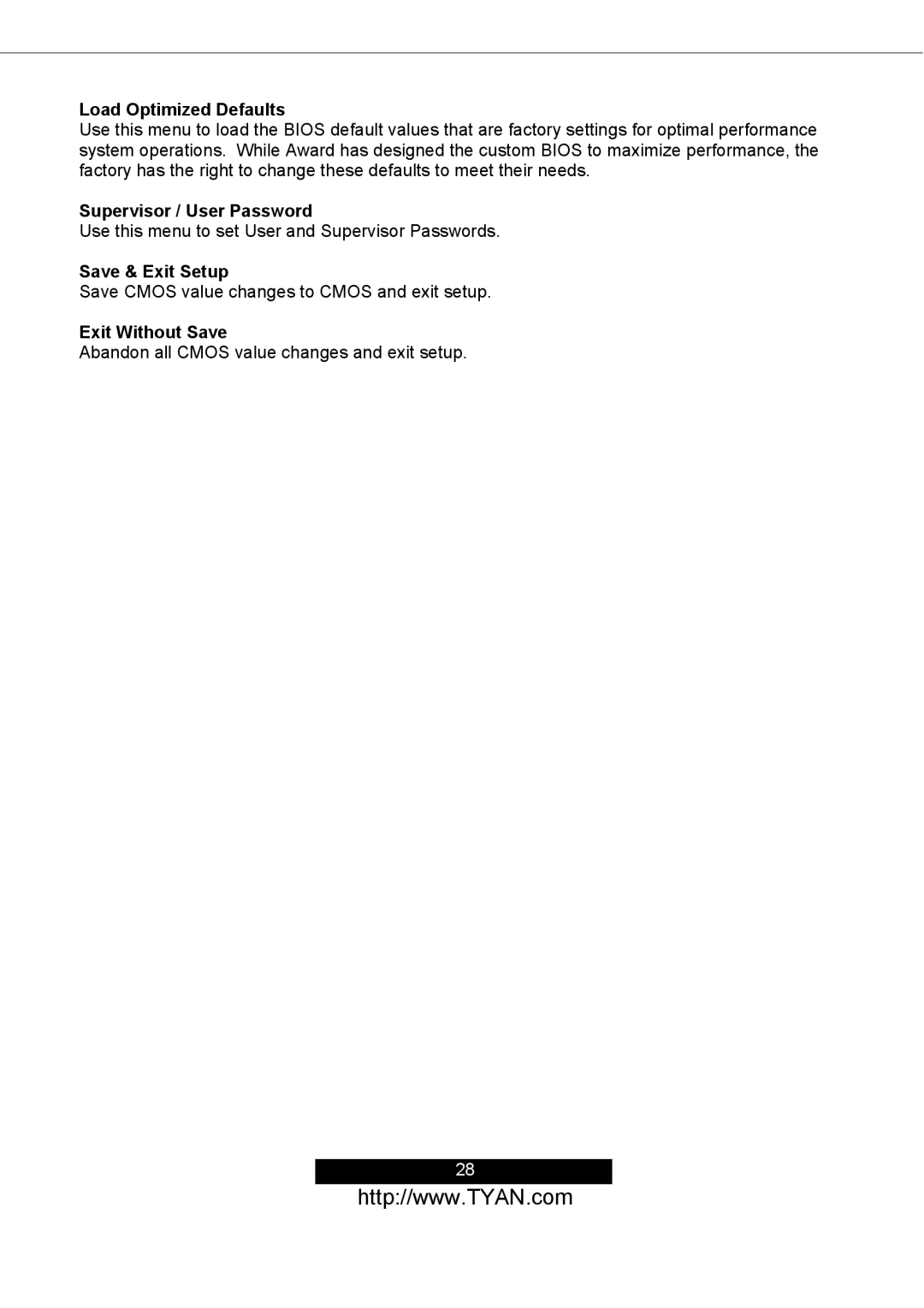 Tyan Computer S2498 manual Load Optimized Defaults, Supervisor / User Password, Save & Exit Setup, Exit Without Save 