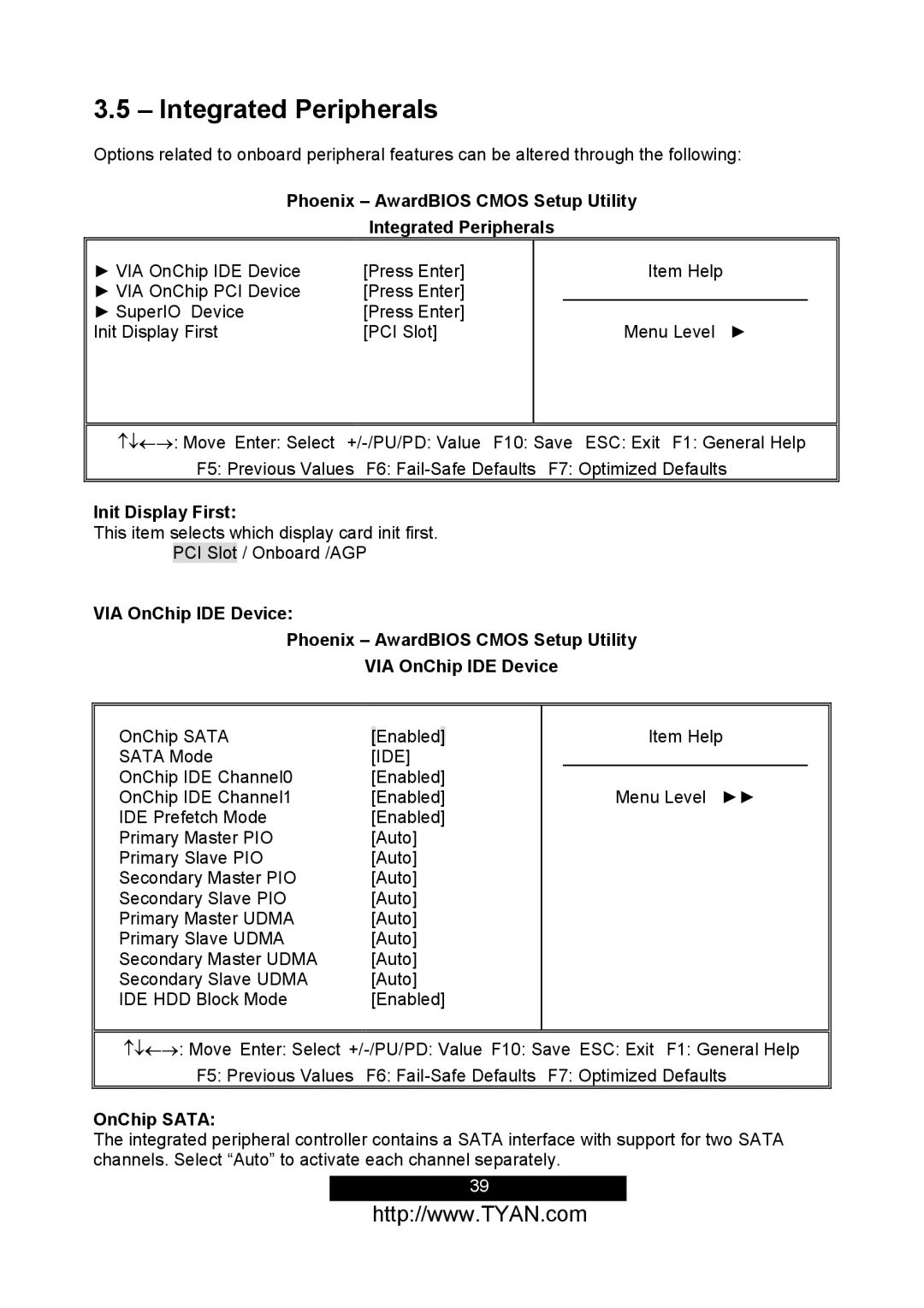 Tyan Computer S2498 manual Phoenix AwardBIOS Cmos Setup Utility Integrated Peripherals, Init Display First, OnChip Sata 