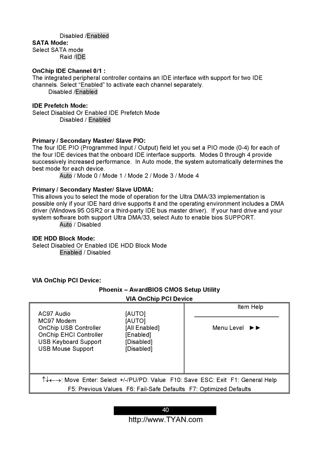 Tyan Computer S2498 manual Sata Mode, OnChip IDE Channel 0/1, IDE Prefetch Mode, Primary / Secondary Master/ Slave PIO 