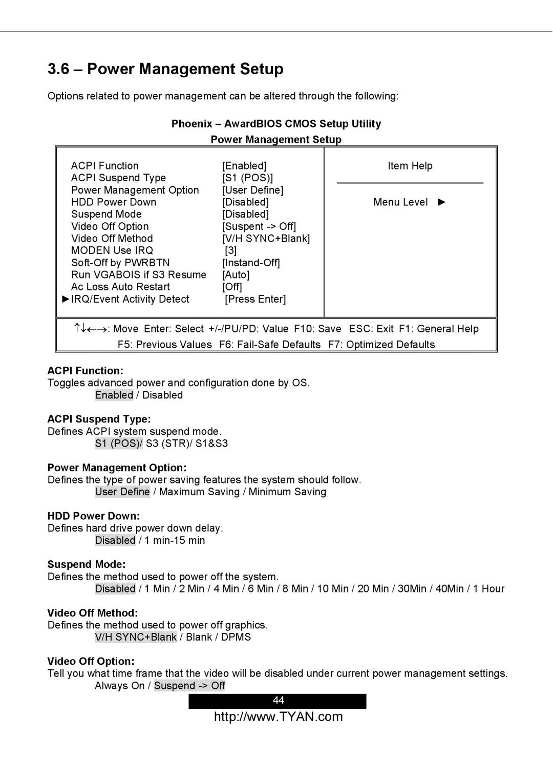 Tyan Computer S2498 manual Power Management Setup 