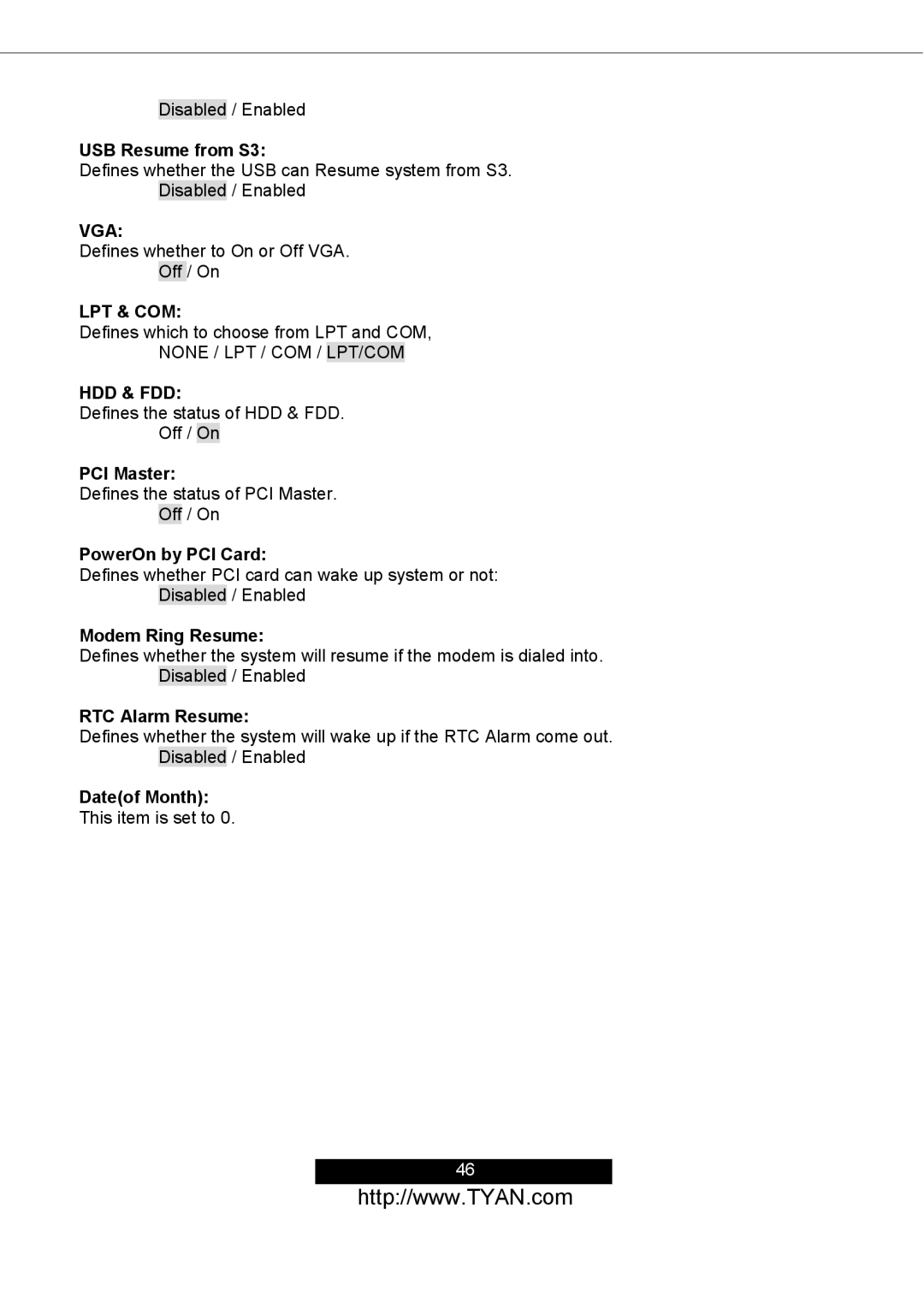 Tyan Computer S2498 USB Resume from S3, PCI Master, PowerOn by PCI Card, Modem Ring Resume, RTC Alarm Resume, Dateof Month 