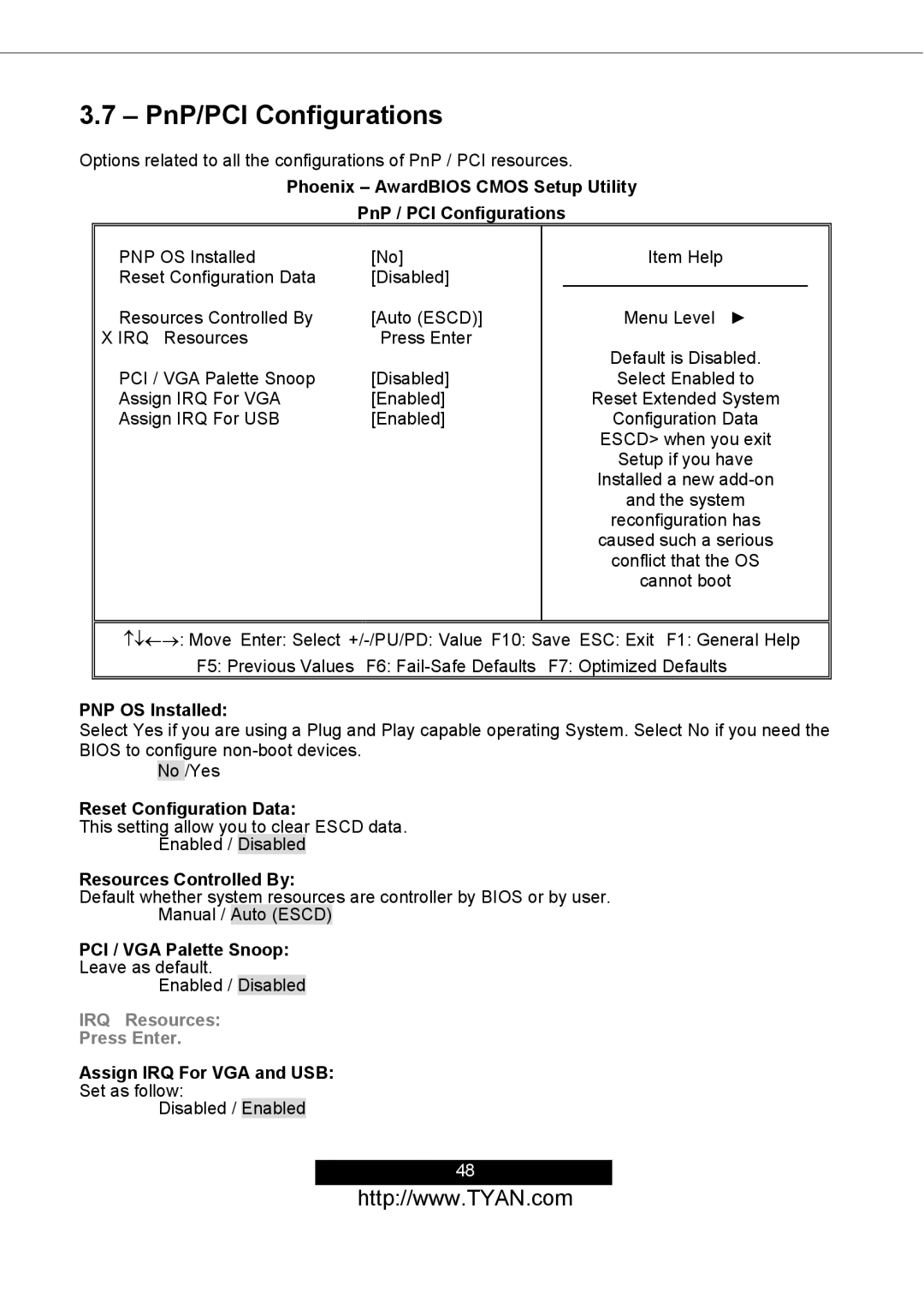 Tyan Computer S2498 manual PnP/PCI Configurations 