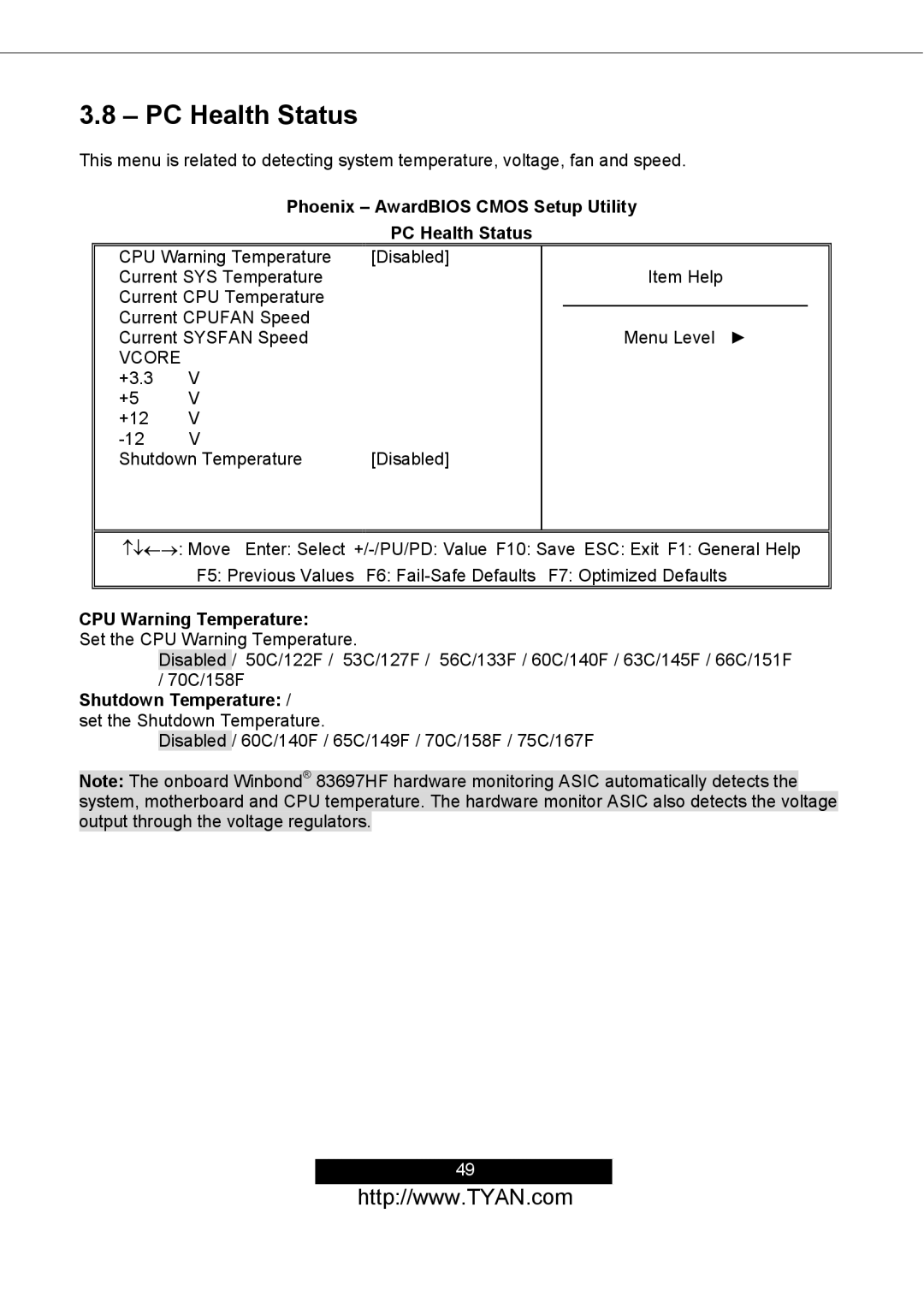 Tyan Computer S2498 manual Phoenix AwardBIOS Cmos Setup Utility PC Health Status, Vcore, CPU Warning Temperature 