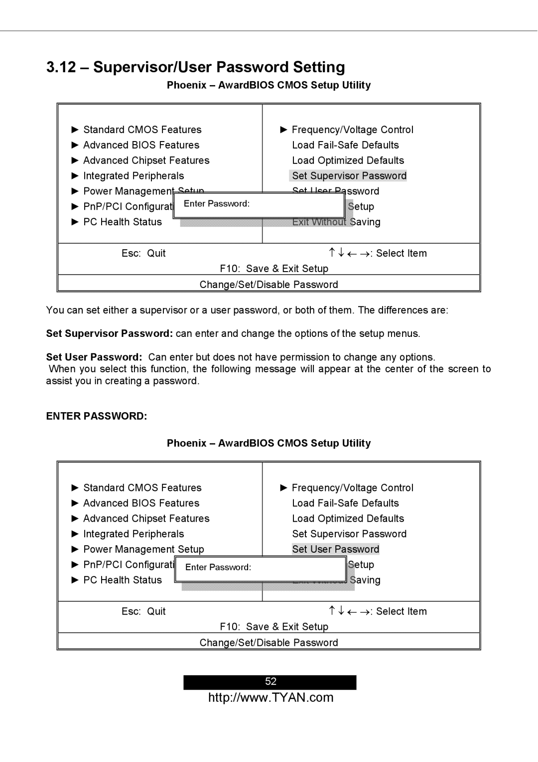 Tyan Computer S2498 manual Supervisor/User Password Setting, Enter Password 