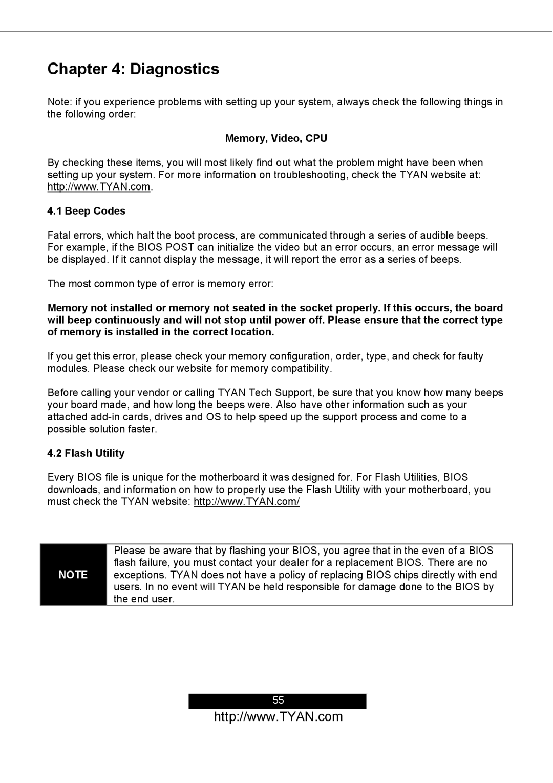 Tyan Computer S2498 manual Diagnostics, Memory, Video, CPU Beep Codes, Flash Utility 