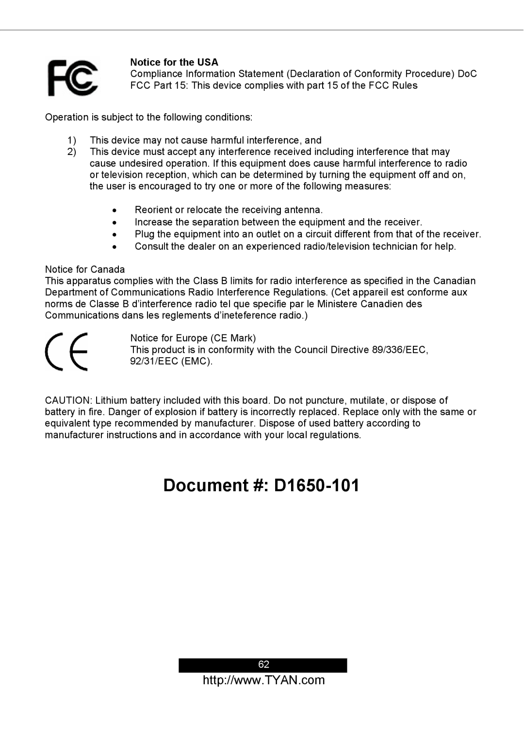 Tyan Computer S2498 manual Document # D1650-101 