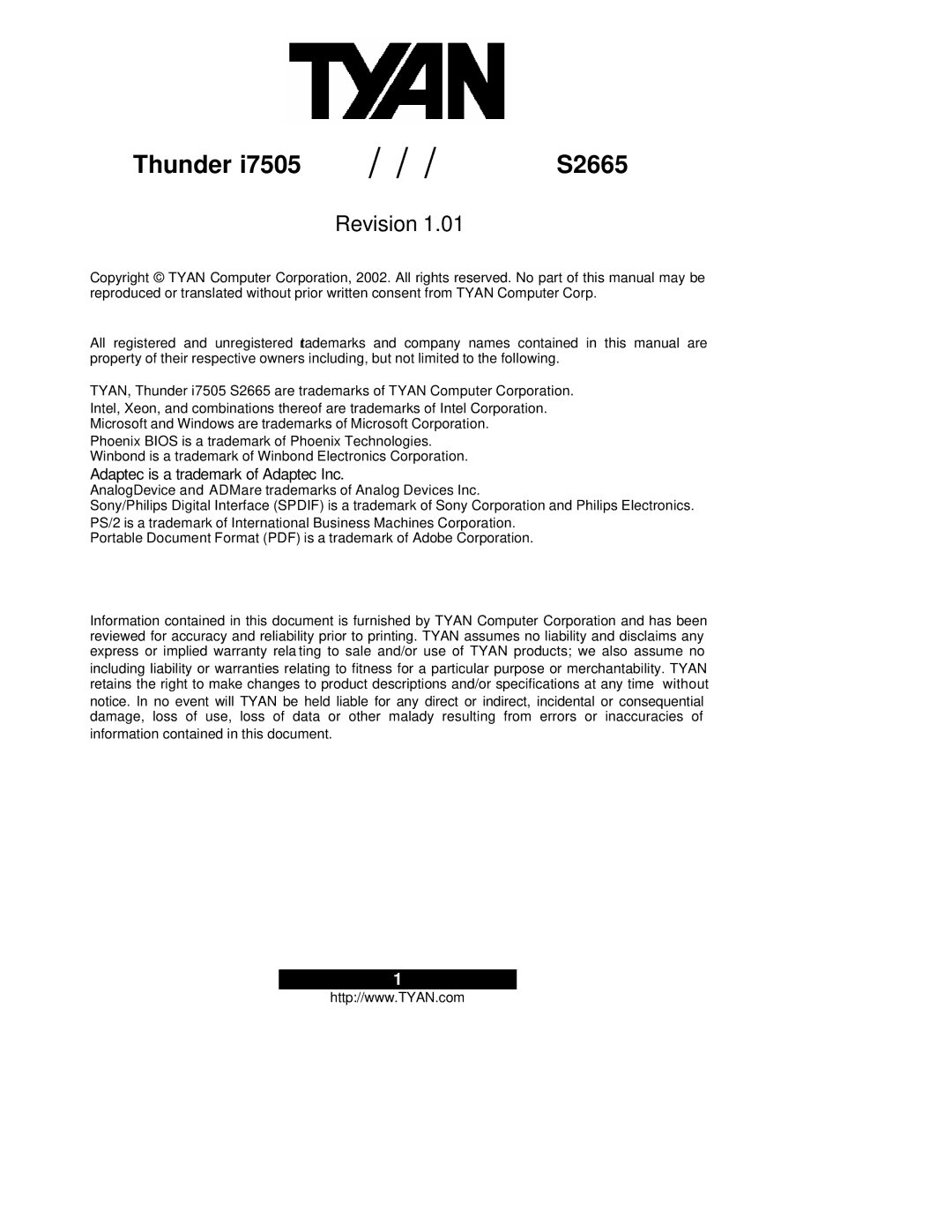 Tyan Computer Thunder i7505 warranty Thunder S2665 