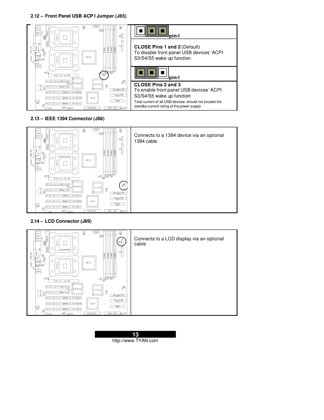 Tyan Computer Thunder i7505, S2665 warranty Pin-1 Close Pins 2, Ieee 1394 Connector J66, LCD Connector J69 