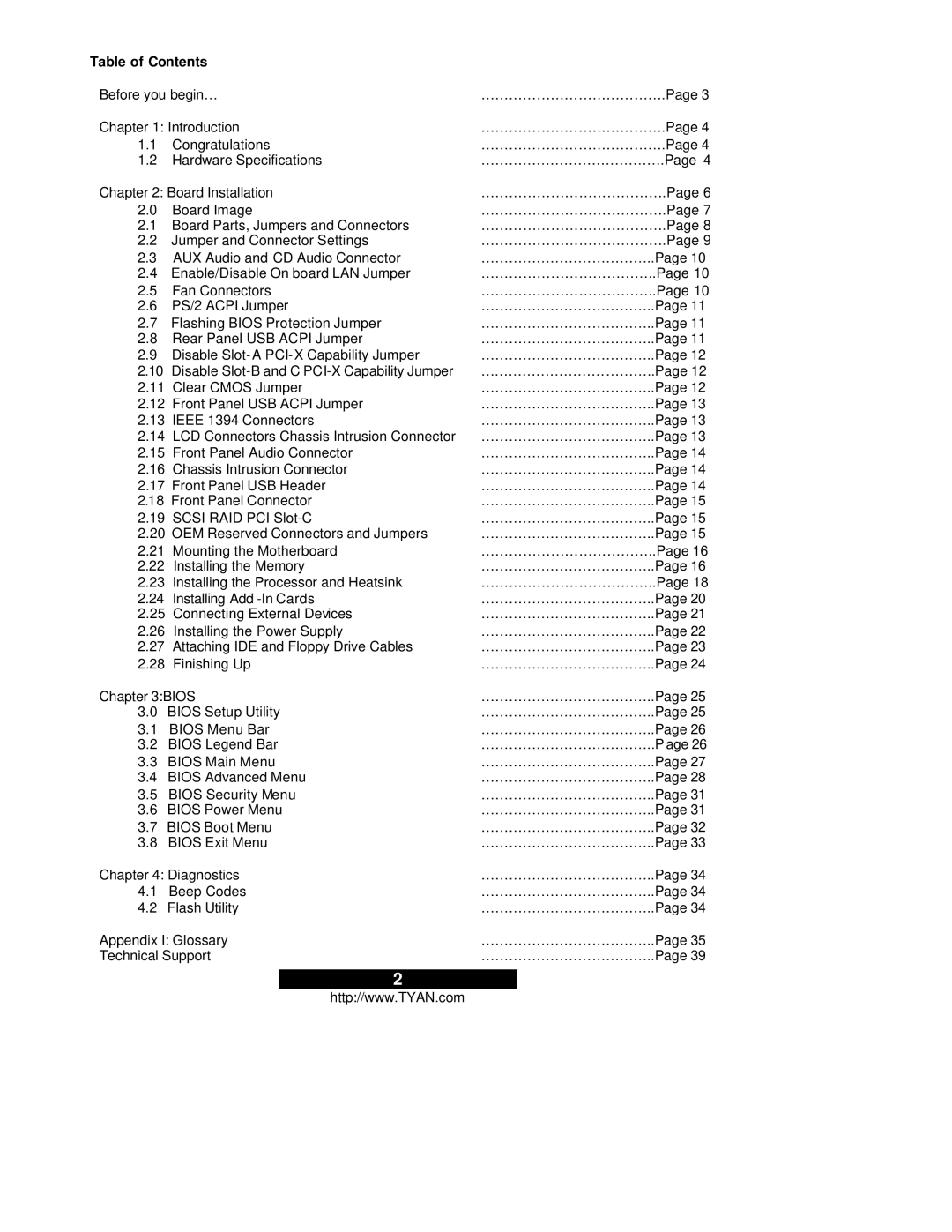 Tyan Computer S2665, Thunder i7505 warranty Table of Contents 