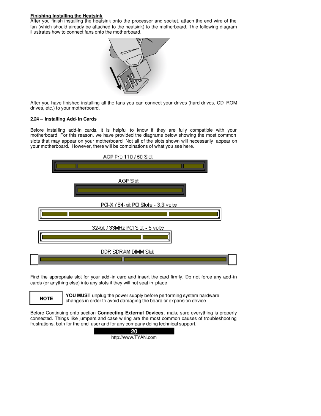 Tyan Computer S2665, Thunder i7505 warranty Finishing Installing the Heatsink, Installing Add- In Cards 