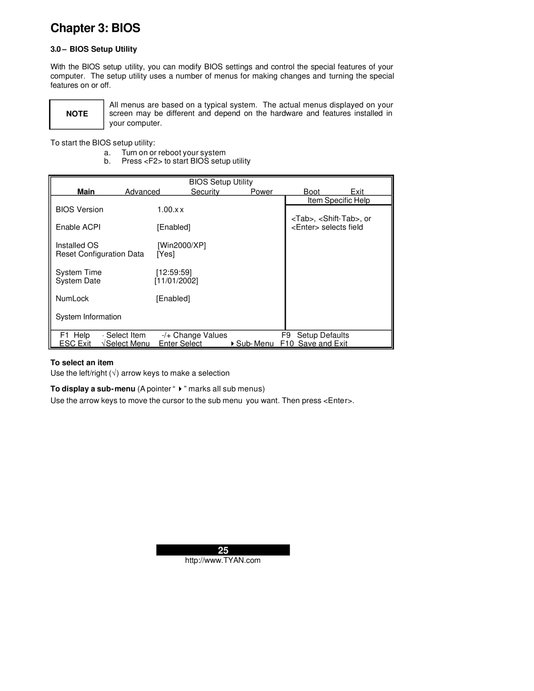 Tyan Computer Thunder i7505, S2665 warranty Bios Setup Utility, Main, To select an item 