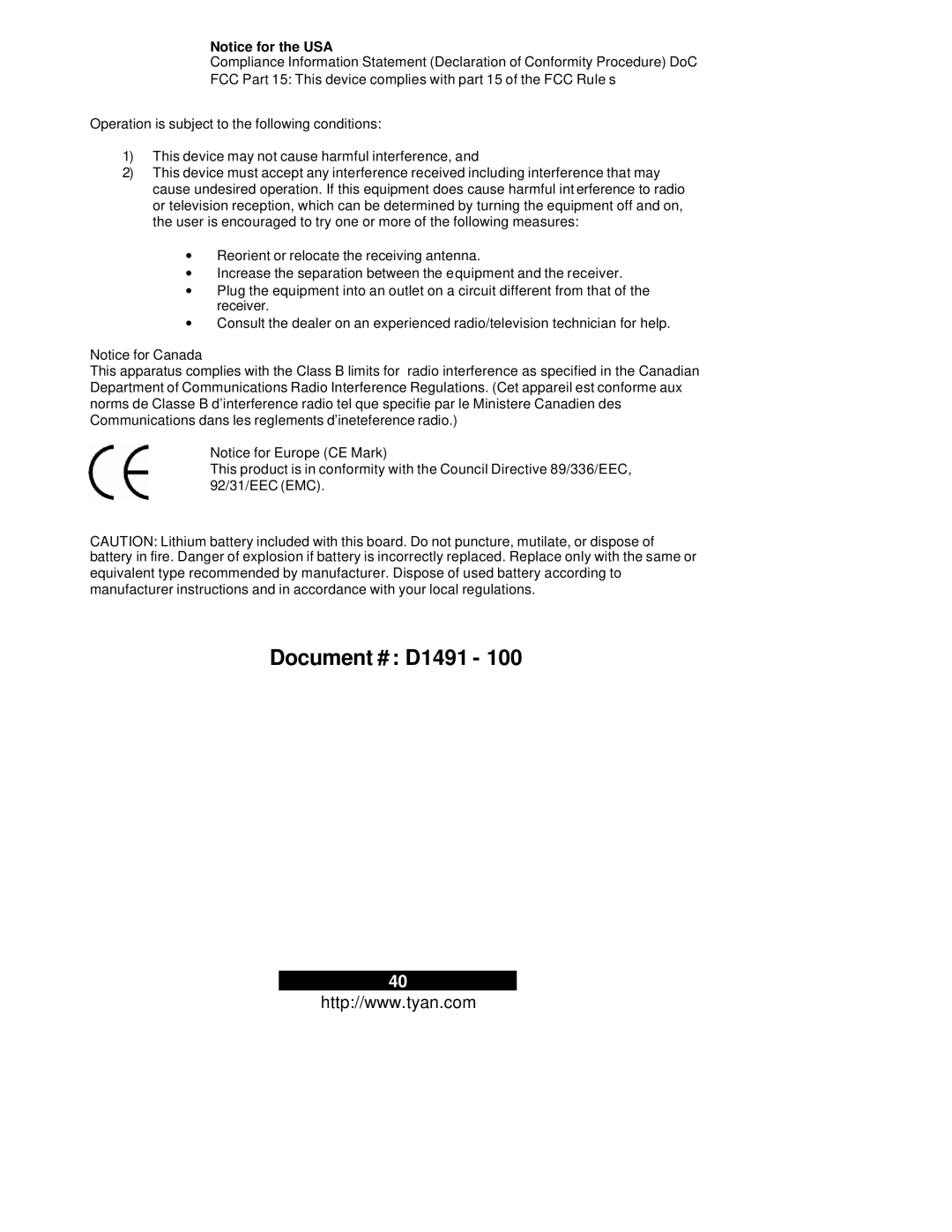 Tyan Computer S2665, Thunder i7505 warranty Document # D1491 