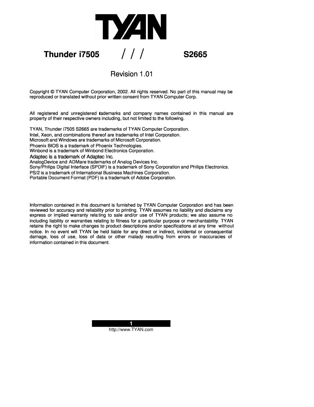 Tyan Computer Thunder i7505 warranty S2665, Revision, Adaptec is a trademark of Adaptec Inc 